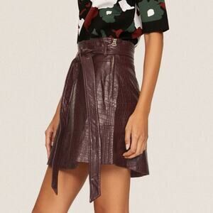 Tanya Taylor Courtney Mini Skirt‎ Croc Print Faux Leather Burgundy Belted Sz 4